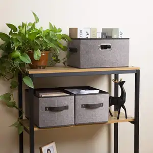 Large Foldable Storage Bins For Decorative Linen Fabric Storage Baskets Cubes With Leather Handles Storage Boxes