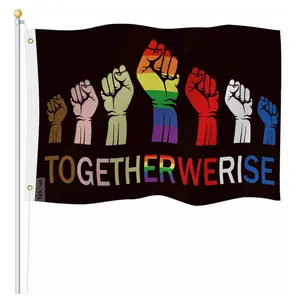 लंबे समय तक चलने वाले दो तरफा 3X5 एक साथ हम समलैंगिक एलजीबीटी अधिकारों के लिए 2 पीतल के ग्रोमेट इंद्रधनुष के साथ मुट्ठी के झंडे लड़ते हैं