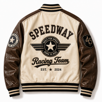 Blouson de motard en cuir personnalisé en gros, style streetwear, avec broderie à rayures rouges et patchwork – Conception OEM pour équipe de course