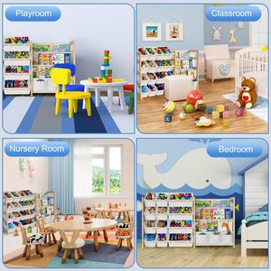 Organizador de Juguetes 2 en 1 con 4 Estantes para Libros y 12 Contenedores de Almacenamiento para Habitación Infantil, Sala de Juegos, Dormitorio, Guardería, Blanco - Product Image 6