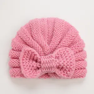 Вязаная шапка с бантом для новорожденных Осень-Зима теплые шапки-тюрбаны детская эластичная шапка однотонная шапка для девочек и мальчиков