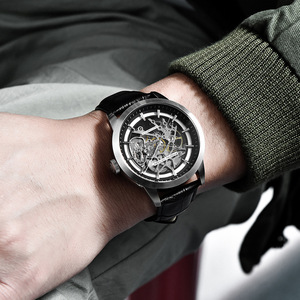 Berjani Mechanical <b>Watch</b> <b>Automatic</b> <b>Skeleton</b> Men's 30M Waterproof Stainless Steel Case Blue Leather Strap - Product Image 4