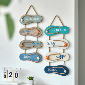 Mediterranean Wooden <b>Wall</b> Sign 4Pcs Slippers Shape Home Decoration Distressed Design With Rope And Shell <b>Decor</b> - Product Image 3