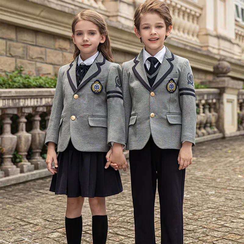 5 parça imalatı özel logo çocuk gömlek ceket çocuklar elbise tasarım ilkokul anaokulu okul üniforması kızlar için