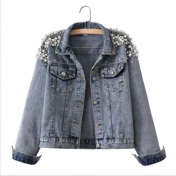 SMO high quality long sleeve autumn winter spring pearl denim jacket winter jacket blue jean women jean jacket
