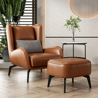 Fauteuil d'appoint de luxe à dossier haut avec repose-pieds en similicuir pour appartement, salon, chambre - Chaise de détente traditionnelle