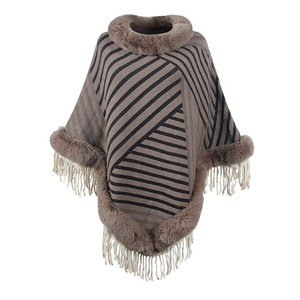 Pull en acrylique à col fourré, tricoté, chaud, coupe-vent, à rayures, avec franges, châle, cape, veste pour <span class=keywords><strong>femme</strong></span> - Product Image 5