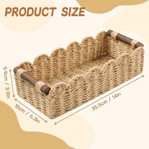 Handmade Scalloped Edge Paper <strong>Rope</strong> Storage <strong>Basket</strong> with Wooden Handles Boho Rectangular Bathroom Toilet Paper Organizer Bin - Product Image 5