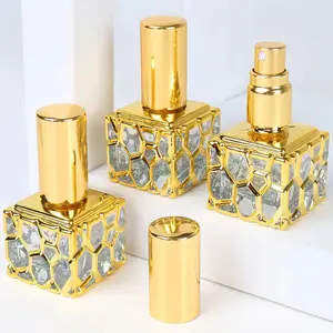 Botella de Perfume árabe de color dorado, 10ml, 12ml, botellas de Spray de Perfume, botella pequeña vacía de vidrio cuadrado rectangular para aceite de Perfume