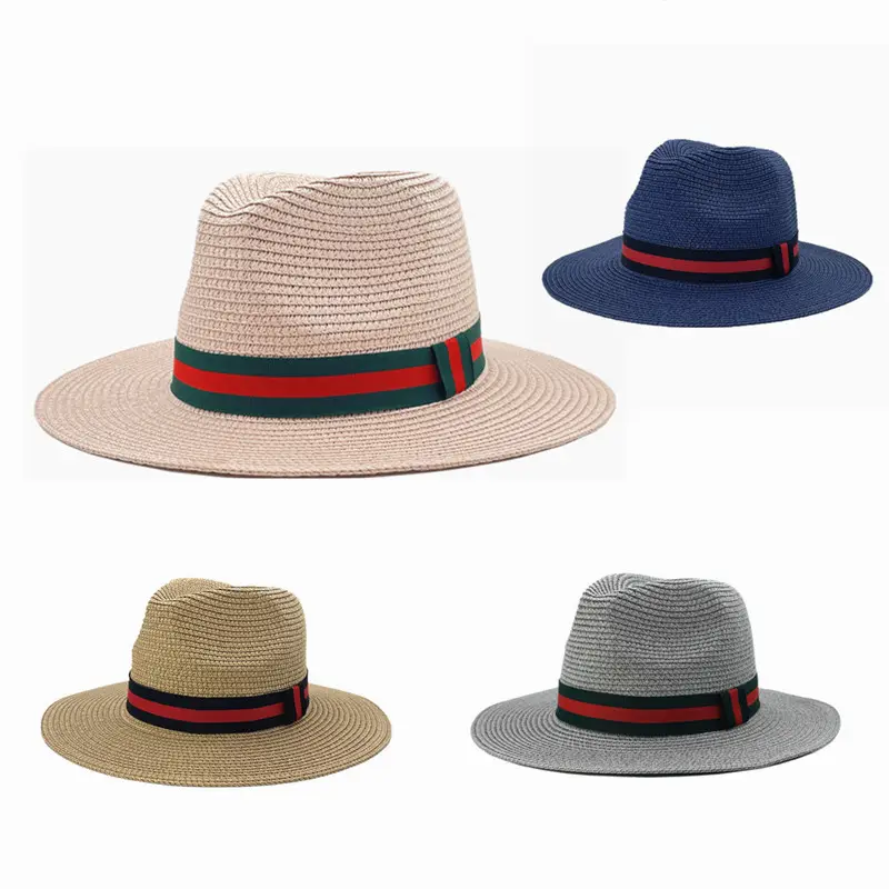 Panama Men Straw Hat with Bee Green Red Striped Ribbon Summer New Colourful Travel Beach Sun Shade Wide Brim Fedora