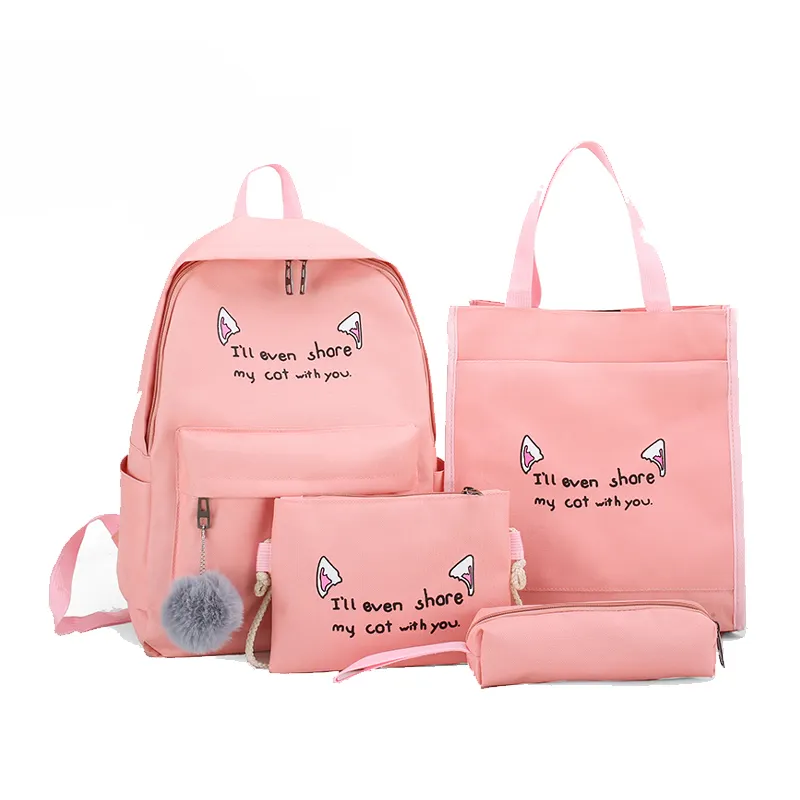 4PCS Fashion Cute Ladies Bags Handbag Set Backpack School Bags Girl Pink Cartoon Cat Schoolbag Back Pack Set For Primary school