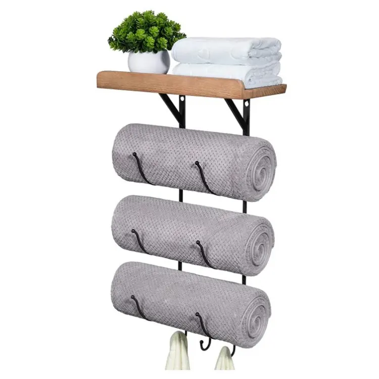 Bathroom Organizer Towel Rack Wall Mounted Metal Bath Towel Holder Towels Storage Stand with Wood Shelf