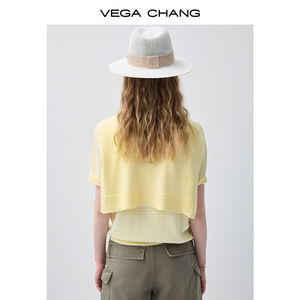 <span class=keywords><strong>Pull</strong></span> en tricot rayé jaune et blanc VEGA CHANG pour femme <span class=keywords><strong>avec</strong></span> châle en tricot intégré et <span class=keywords><strong>manches</strong></span> courtes, style décontracté preppy - Product Image 5