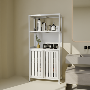 White Bamboo <b>Storage</b> Cabinet With 2 Doors Floor Cabinet Organizer For Bathroom Living Room Kitchen Entrance - Product Image 3