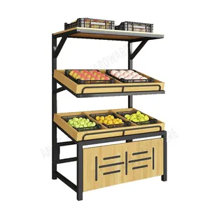 Supermarket new heavy-duty adjustable metal wooden vegetable and fruit display rack double-sided shelf