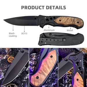 Đồ Dùng Giao Ngay Khuyến Mại Dao Bỏ Túi Gấp Gọn Màu Đen Bằng Thép Không Gỉ Cán Gỗ Để Cắm Trại Ngoài Trời Quà Tặng Cho Nam - Product Image 3