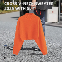 Nouveau Pull Court Femme Automne 2025 à Manches Longues en Crochet Argyle Col V Respirant Anti-Plis Séchage Rapide Blanc