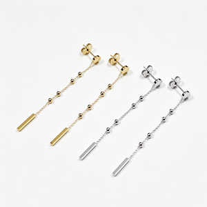 Pendientes de Barra Larga de Acero Inoxidable con Cadena, Chapados al Vacío en Oro de 14K, Diseño Delicado con Cuentas Colgantes, Color Oro y Plata - Product Image 1