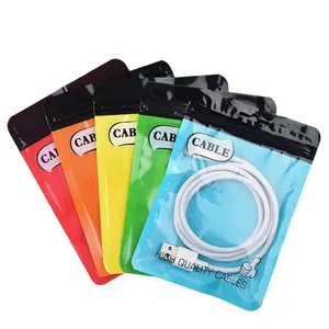 Diskon besar-besaran kustom dicetak 3 sisi segel tas ritsleting plastik mengkilap kabel USB seluler tas kantong