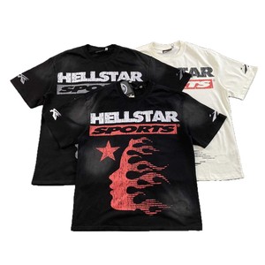 เสื้อยืดผู้ชายสไตล์ยุโรปอเมริกันแนวสตรีท ลาย Hell Star ลุคเรโทร ซักฟอกทำสีซีด แบรนด์แฟชั่นชั้นนำ แขนสั้น ผ้าฝ้าย - Product Image 5
