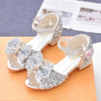 Sandales à talons avec nœud en sequins et bride cheville - Chaussures de soirée à talon carré ornées de strass pour enfants