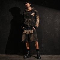 Ensemble de survêtement vintage d'été personnalisé pour homme – Sweat à capuche zippé respirant et short en tissu tissé, imprimé numérique délavé à l'acide avec broderie appliquée