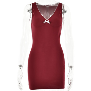 Vestido sin mangas con cuello en V y lazo, color liso, corte ajustado, para primavera y verano, para mujer - Product Image 5
