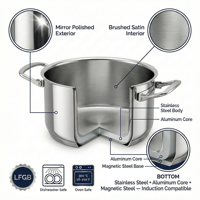 Casserole à soupe en acier inoxydable avec couvercle en verre trempé et construction pliable en métal