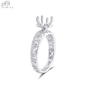Anillo de compromiso solitario de oro blanco de 18 quilates de alta calidad, estilo eduardiano, con diamantes naturales y diseño hueco, sin la piedra principal, para mujer. - Product Image 5