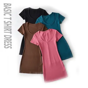 High Stretch Sexy V Neck Y2K Mini Short Sleeve Dress with Cute Basic T shirt Design