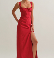 Robe mi-longue d'été pour femmes, style bohème, bretelles spaghetti, fente sur la cuisse, nouée devant, imprimé floral uni, sans manches, vintage, style A, robes de plage