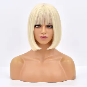 Ainizi 12'' short bob light blonde machine made elegant fashion synthetic hair wigs with bangs for women