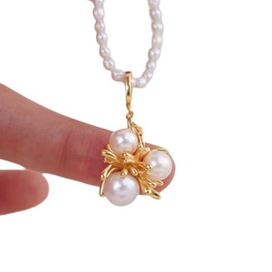 WENCHI DIY Pearl Accessories S925 Silver Pendant Simple <b>Necklace</b> with 6-9mm Round Beads White Gold Material China - Product Image 5