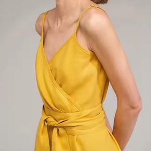 Vestido Midi de Alta Calidad para Mujer, Verano, Amarillo, Lino, con Botones, Tirantes, Estilo Envolvente, Sexy, Talla XS, Cintura Elástica, Diseño Sólido, Tejido - Product Image 2