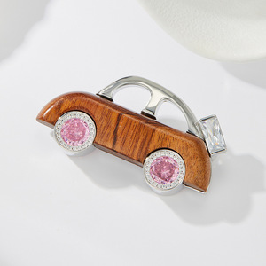 Retro Wooden Car Brooch Copper Alloy Bezel Setting Unisex Fashion Pin Gift - Product Image 4