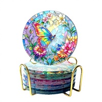 Sous-verre rond en verre imprimé UV, motif papillon floral, pour décoration de tasses à café, thé et autres boissons, idéal pour la maison