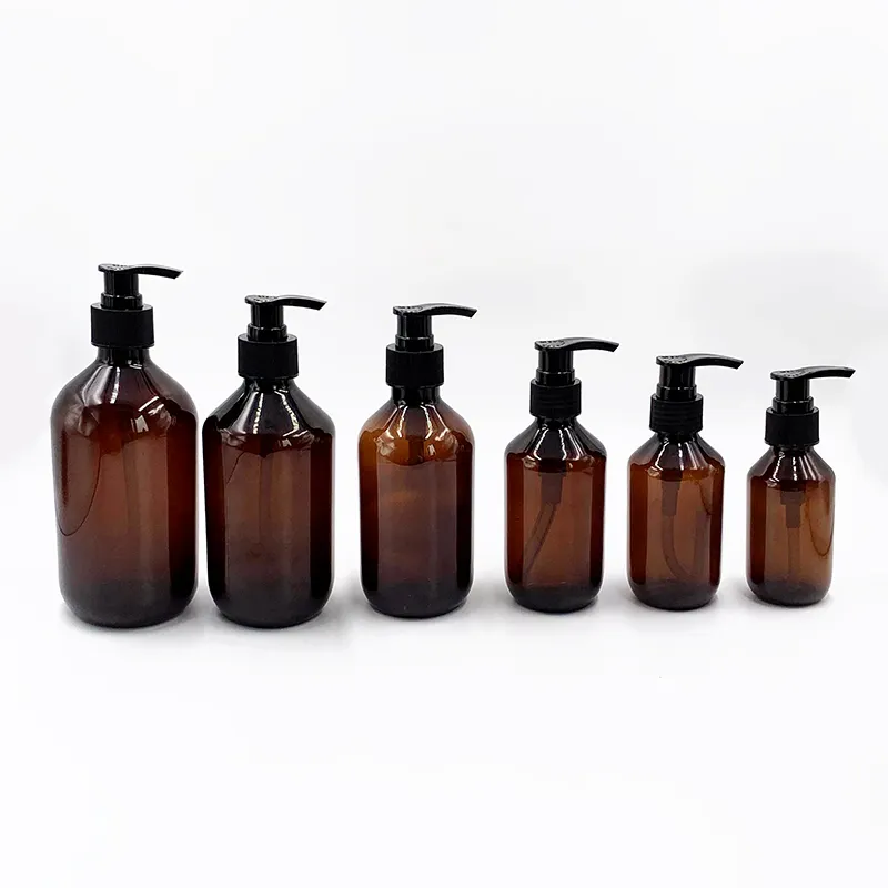 Custom logo clear transparent brown white black amber green 300ml 400ml 500ml pump shampoo bottle with pump heads