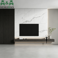 Meuble TV mural de luxe SLS en marbre, console multimédia flottante minimaliste avec éclairage LED et panneau en bois cannelé