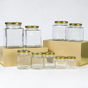 Hot Koop Verschillende Maten 60Ml-600Ml Vierkante Vorm Lege Glas Honing Potten Groothandel