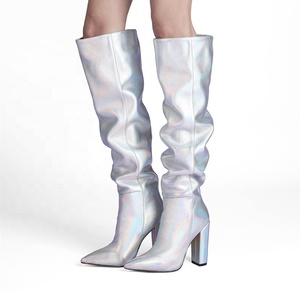 Dazzling Stiletto <b>Boots</b> Pleated on Pointed Toe Women Knee High <b>Boots</b> Winter High Heel <b>Boots</b> Chunky Heel Big Size 47 - Product Image 2