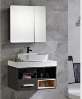 Meuble de salle de bain moderne en bois massif, suspendu au mur, avec miroir, vasque intégrée, laqué noir, unité de rangement