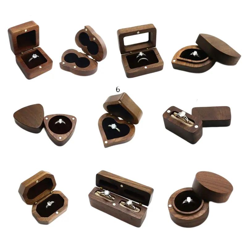 Wedding Walnut Wooden Heart-shaped Solid Wood Marriage Proposal Jewelry Ring Box for Gift