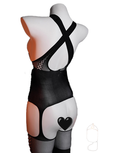 Body de nailon negro para mujer con diseño cruzado, malla transparente y medias de red integradas, conjunto de lencería Teddy todo en uno - Product Image 4