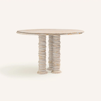 Dream Home Viral Stack Slab Stone Esstisch mit Doppelsäulen-Stapelplatten-Basis, unregelmäßiger runder Marmorplatte, Villa-Esstisch