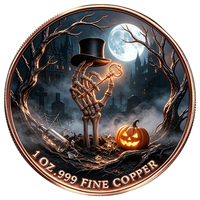 Pièce de monnaie en cuivre rouge en gros 1 oz .999, pièce de défi vintage en cuivre fin avec motif main de squelette d'Halloween et chapeau de citrouille, pour cadeau