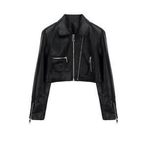 <span class=keywords><strong>Petite</strong></span> veste de motard courte <span class=keywords><strong>pour</strong></span> <span class=keywords><strong>femme</strong></span> en cuir PU vieilli Double fermeture éclair Style <span class=keywords><strong>moto</strong></span> automne noir veste de banlieue polyvalente - Product Image 1