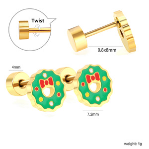 Christmas Wreath <b>Earrings</b> Green Red Bow Gold Plated Studs Women's Fashion Jewelry Gift Occasion Accessory - Product Image 4