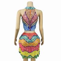 AD2683 Ensemble d'été pour femme, débardeur sans col en spandex, jupe courte, strass, fête d'anniversaire, costume de scène en maille, danse, lumière colorée