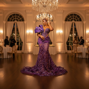 Vestido de Noche Largo con Cintura Natural, Abertura Lateral, Encaje Africano, Silueta de Sirena, Adornado con Cuentas, para Bodas y Ocasiones Especiales - Nupcial - Product Image 2