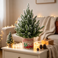 Pohon Natal Artifisial Berlapis Salju dengan Pola Cabang Pinus, Alas Pot untuk Dekorasi Meja Rumah di Dalam Ruangan saat Liburan
